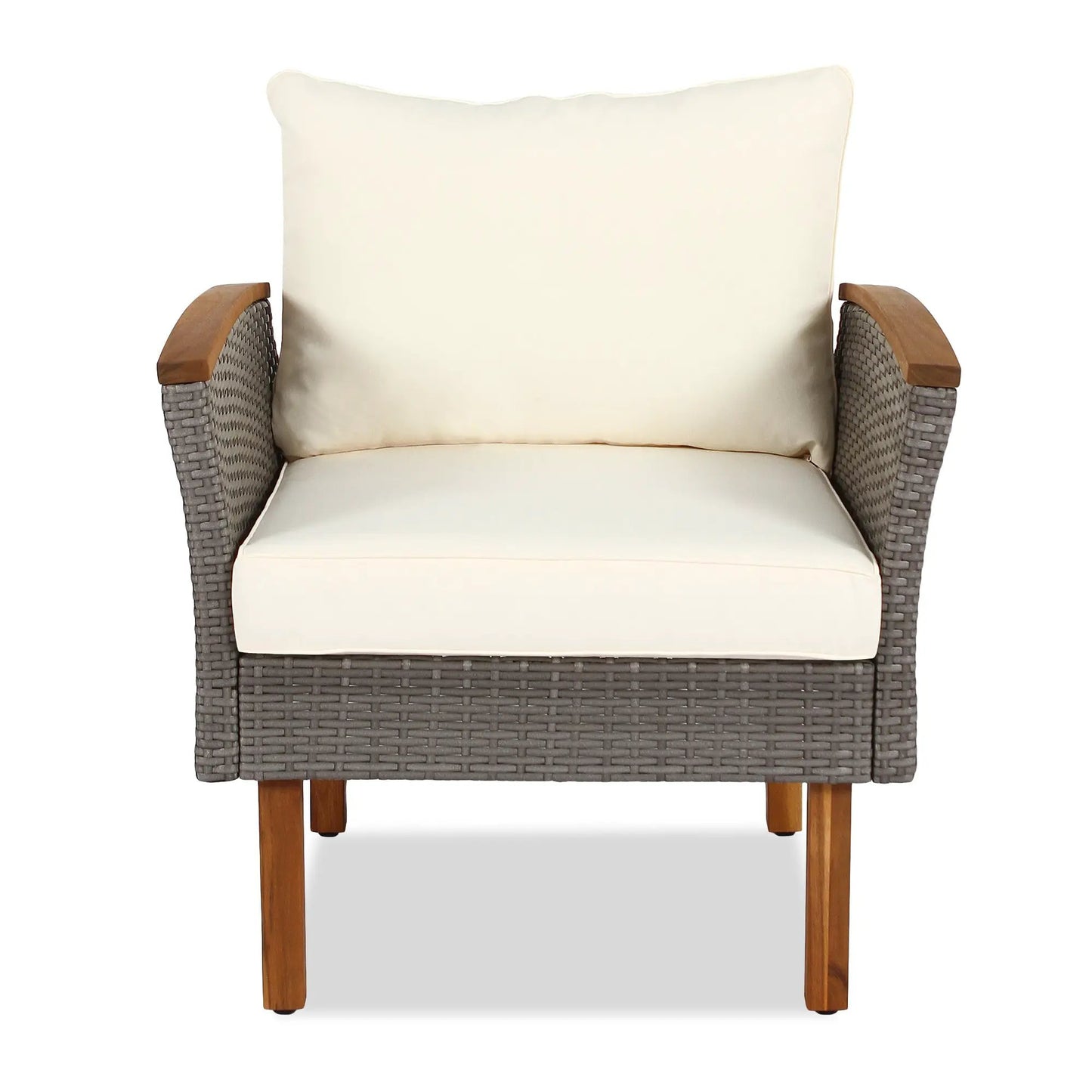 Rattan patio chair with beige cushions and acacia wood legs on Tampa Home & Garden Store