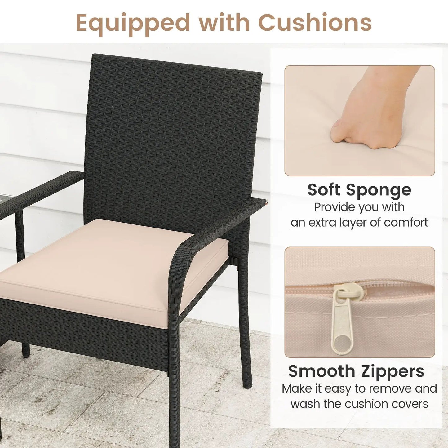 Three Piece Patio Set with Cushions in black wicker and beige cushions on beige table on Tampa Home & Garden Store