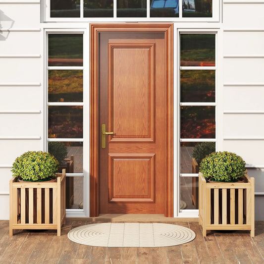 Two patio wooden planters with a natural finish and greenery flanking a front entry door on Tampa Home & Garden Store