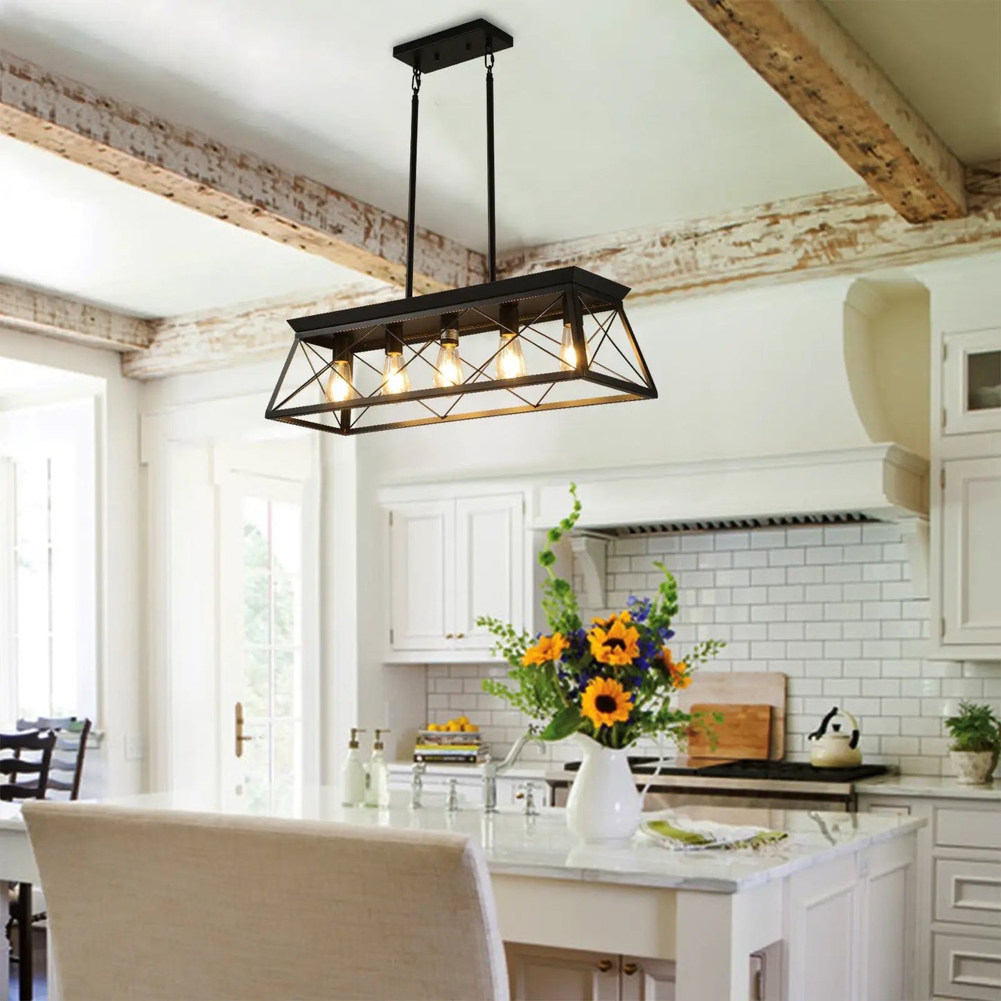 5-light farmhouse pendant island light in black metal rectangular lantern frame on Tampa Home & Garden Store