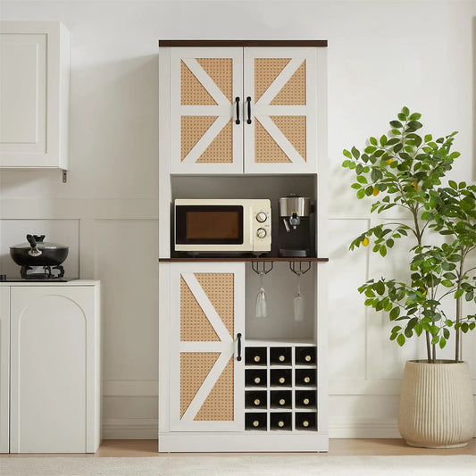 Farmhouse Kitchen Wine Cabinet with Shelves featuring white frame, woven cane panels, X-cross doors, brown top trim on Tampa Home & Garden Store
