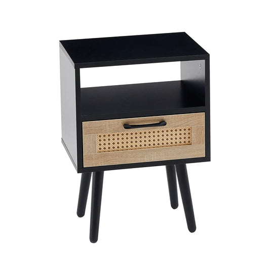 End table black finish with rattan drawer front and open lower shelf on Tampa Home & Garden Store