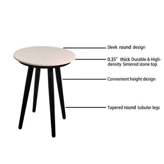 Round stone-top outdoor table with black tapered legs, 0.35 in thick sintered stone top on Tampa Home & Garden Store