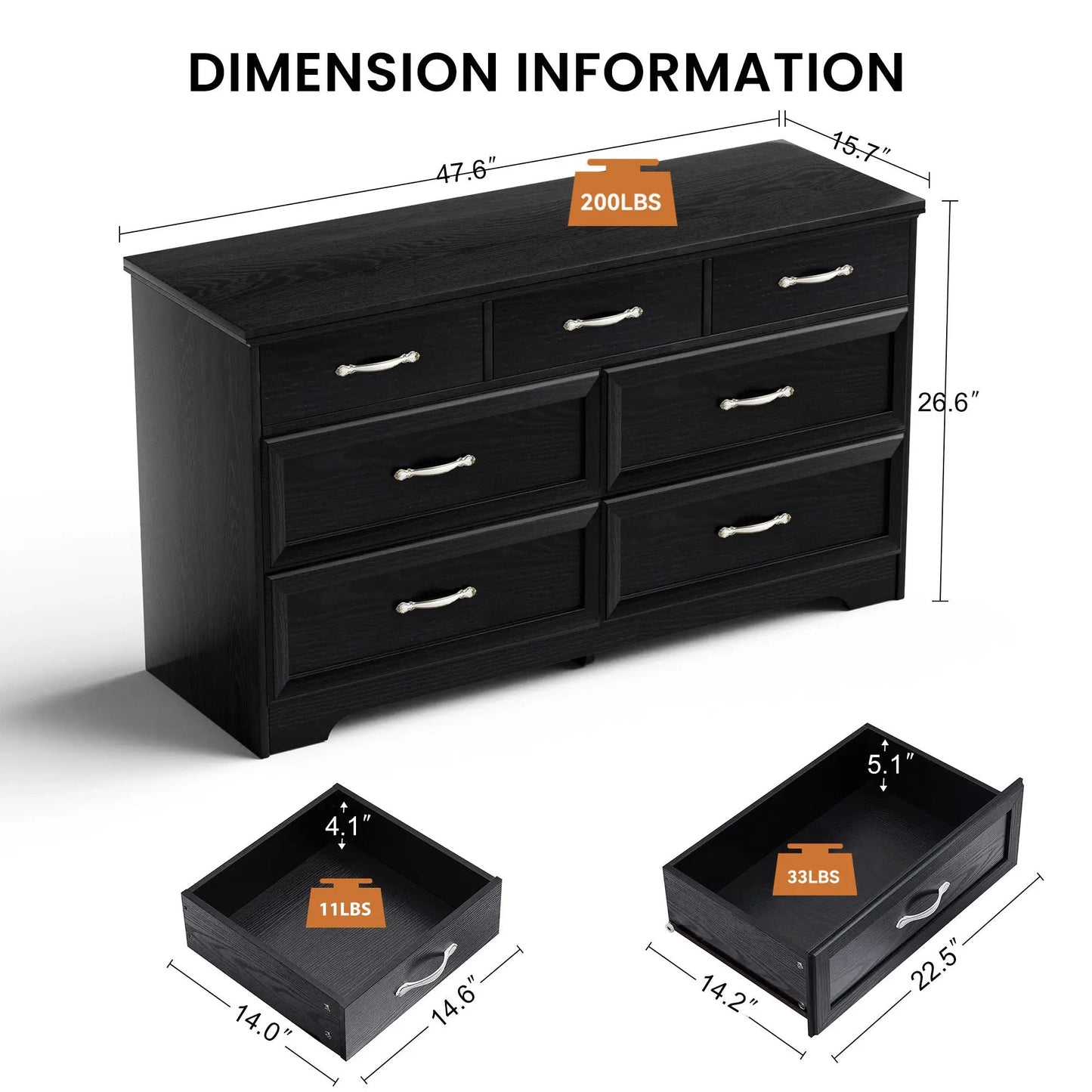 Cómoda moderna de 3 cajones para dormitorio con 7 cajones, organizador de ropa, tiradores de metal negros, 47.6″L x 15.7″W x 26.6″H