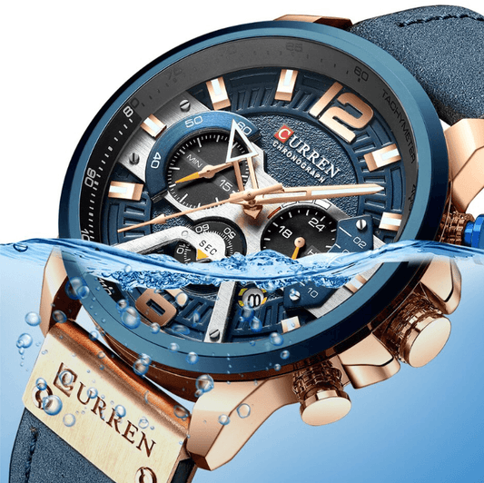 Curren men's waterproof chronograph watch with blue bezel and blue leather strap on Tampa Home & Garden Store
