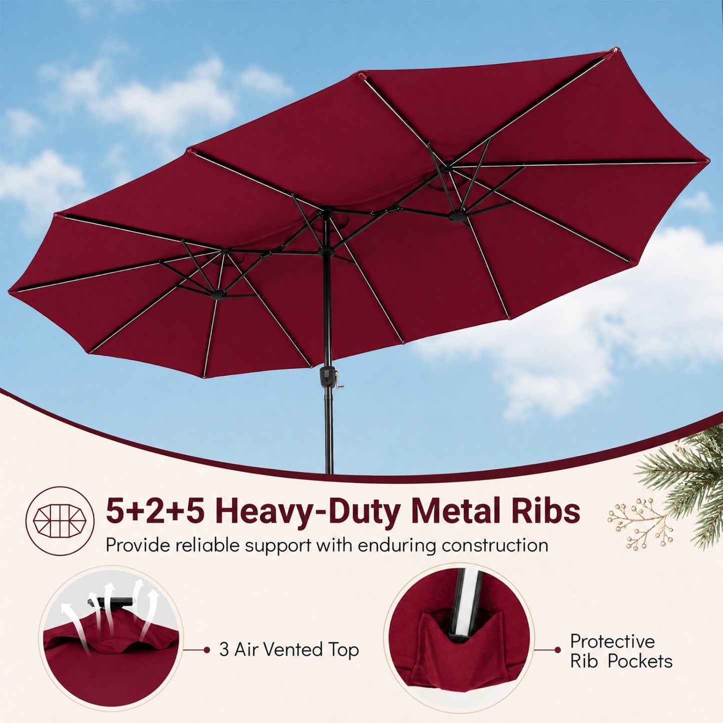 Patio Umbrella DirectDeals 15.5 ft burgundy canopy with crank and solar LED lights on Tampa Home & Garden Store
