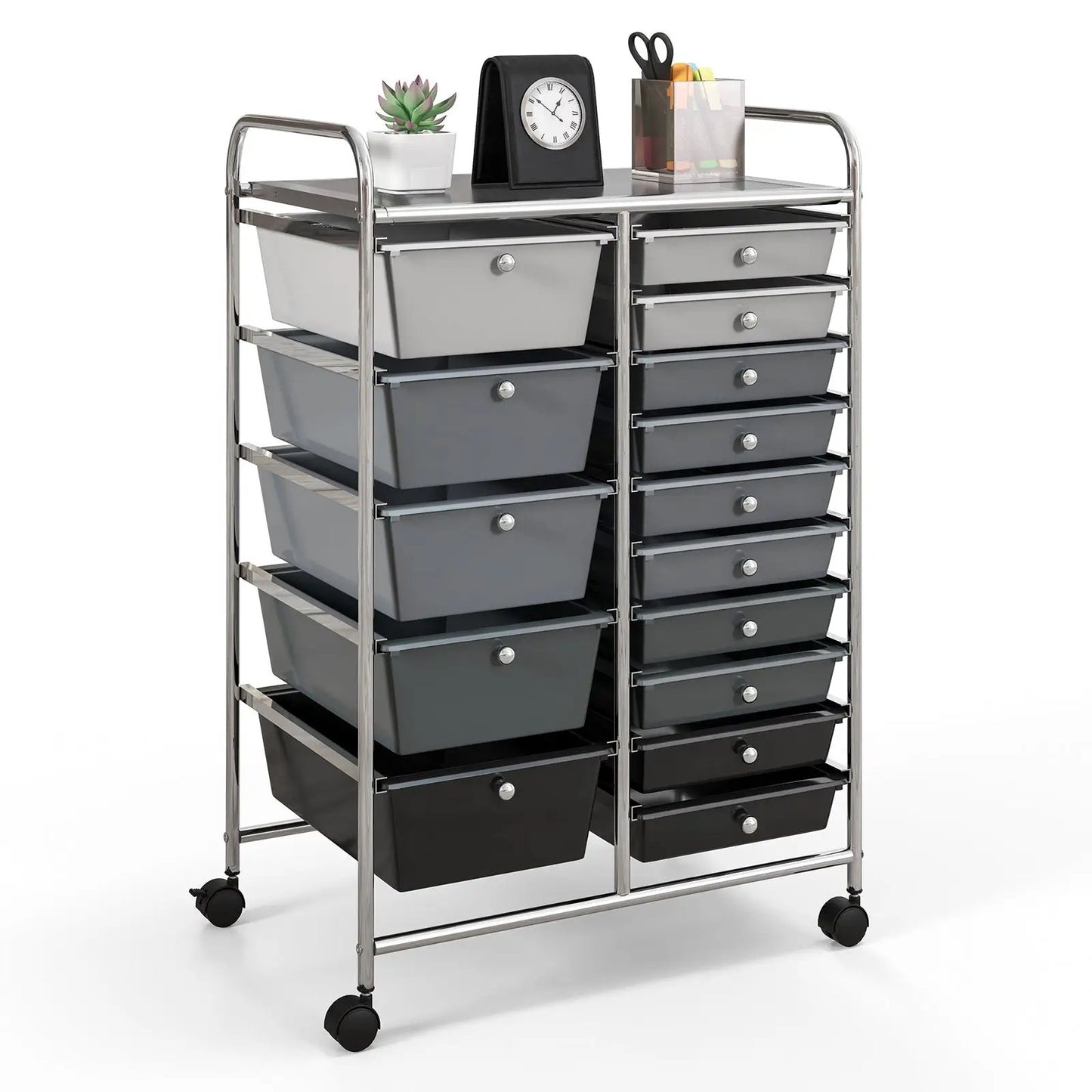 15-drawer rolling cart with gray storage bins in a chrome frame on casters on Tampa Home & Garden Store
