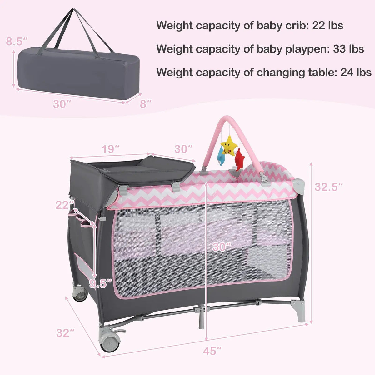 3-in-1 portable baby playard with zipper door, gray frame and pink chevron sides; includes carry bag on Tampa Home & Garden Store
