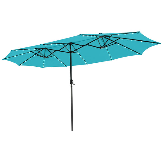 15 Feet Twin Patio Umbrella with 48 Solar LED Lights-Turquoise