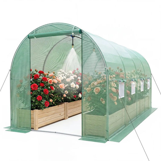 Walk-In Tunnel Greenhouse 15x7x7 ft with watering system, green mesh cover, arched frame on Tampa Home & Garden Store