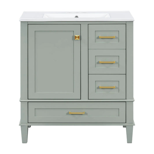 Bathroom vanity with sink, sage-green cabinet, solid wood frame, brass hardware, 3 drawers on Tampa Home & Garden Store