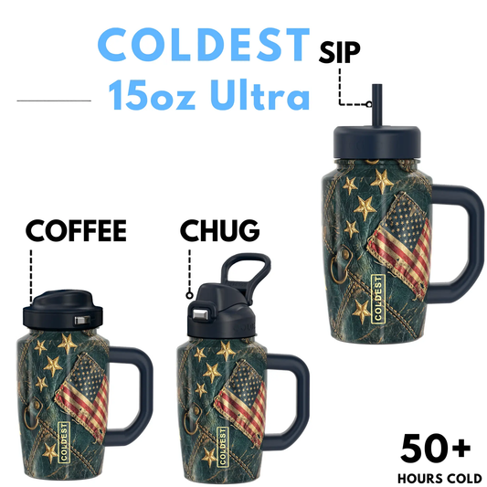 Coldest 15oz Limitless Ultra tumbler set of 3 with patriotic flag design, black lids and handles on Tampa Home & Garden Store