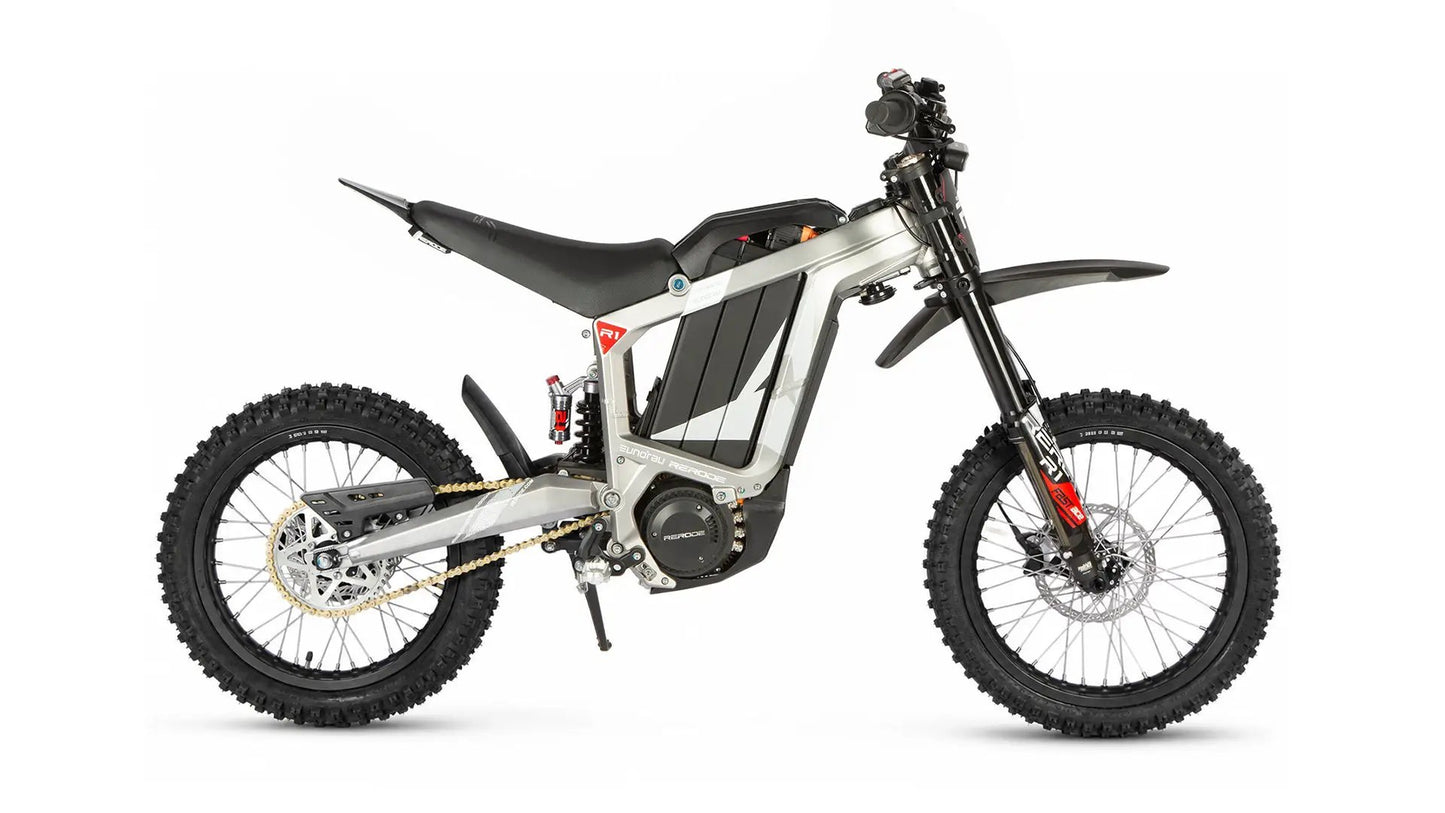 R1-17 E-dirt bike electric motorcycle by EUNORAU E-BIKE US, silver frame and black seat on Tampa Home & Garden Store
