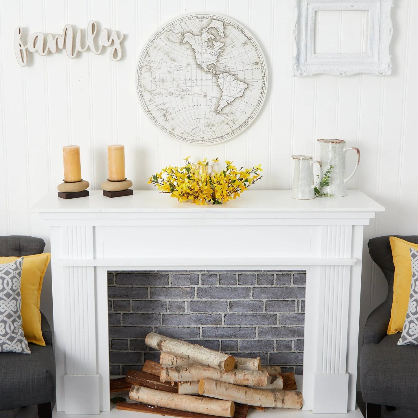 Forsythia Candle Holder With Artificial Bloom, white candelabrum with yellow blooms on mantel on Tampa Home & Garden Store