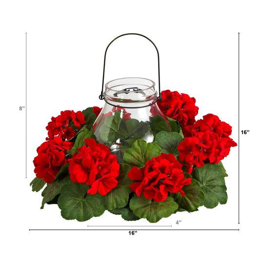 16-Inch artificial geranium candelabrum with red blooms around a glass hurricane vase on Tampa Home & Garden Store