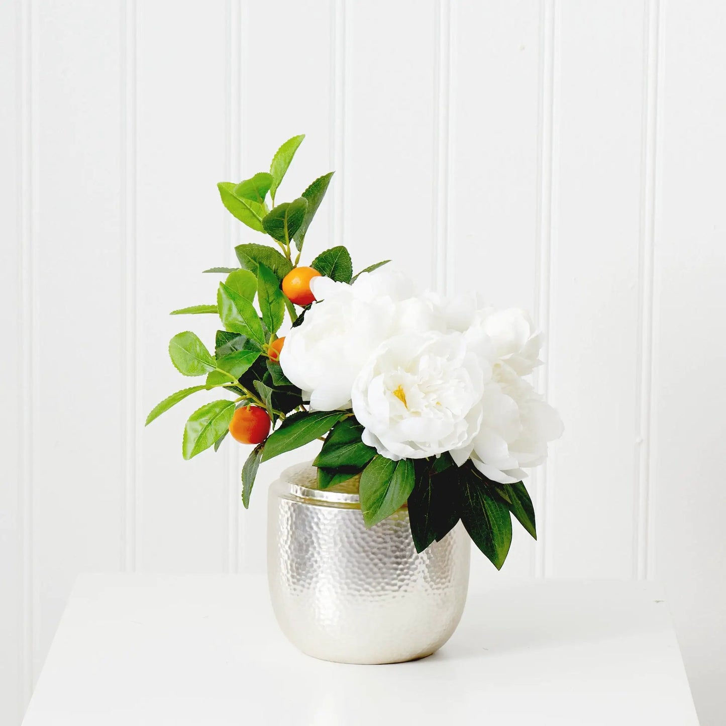 16 Inch Artificial Peony and Dahlia White Vase with white blooms and green leaves on Tampa Home & Garden Store