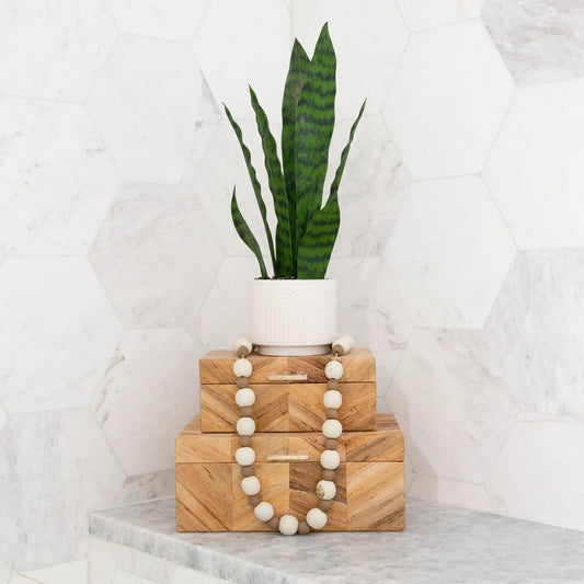 Artificial Sansevieria snake plant in white planter with stacked wood pedestal by Nearly Natural on Tampa Home & Garden Store