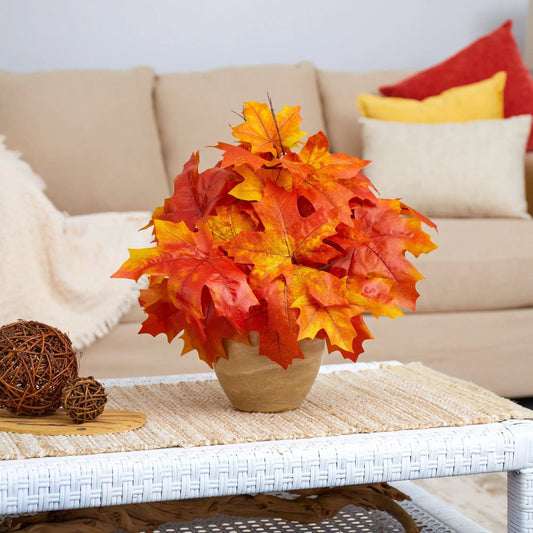 Autumn Maple Leaf Artificial Plant in Planter with orange-red leaves and beige pot on Tampa Home & Garden Store