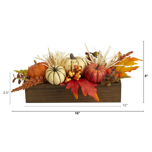 Harvest Pumpkin and Berries in Wood Vase artificial arrangement with autumn gourds on Tampa Home & Garden Store