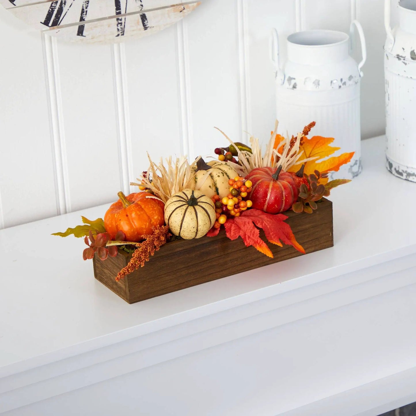16” Harvest Pumpkin and Berries Artificial Arrangement in Wood Vase - Tampa Home & Garden Store