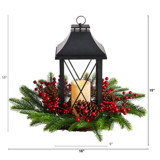 16" Holiday Berries, Pinecones and Greenery with Lantern and Included LED Candle Table Arrangement" - Tampa Home & Garden Store
