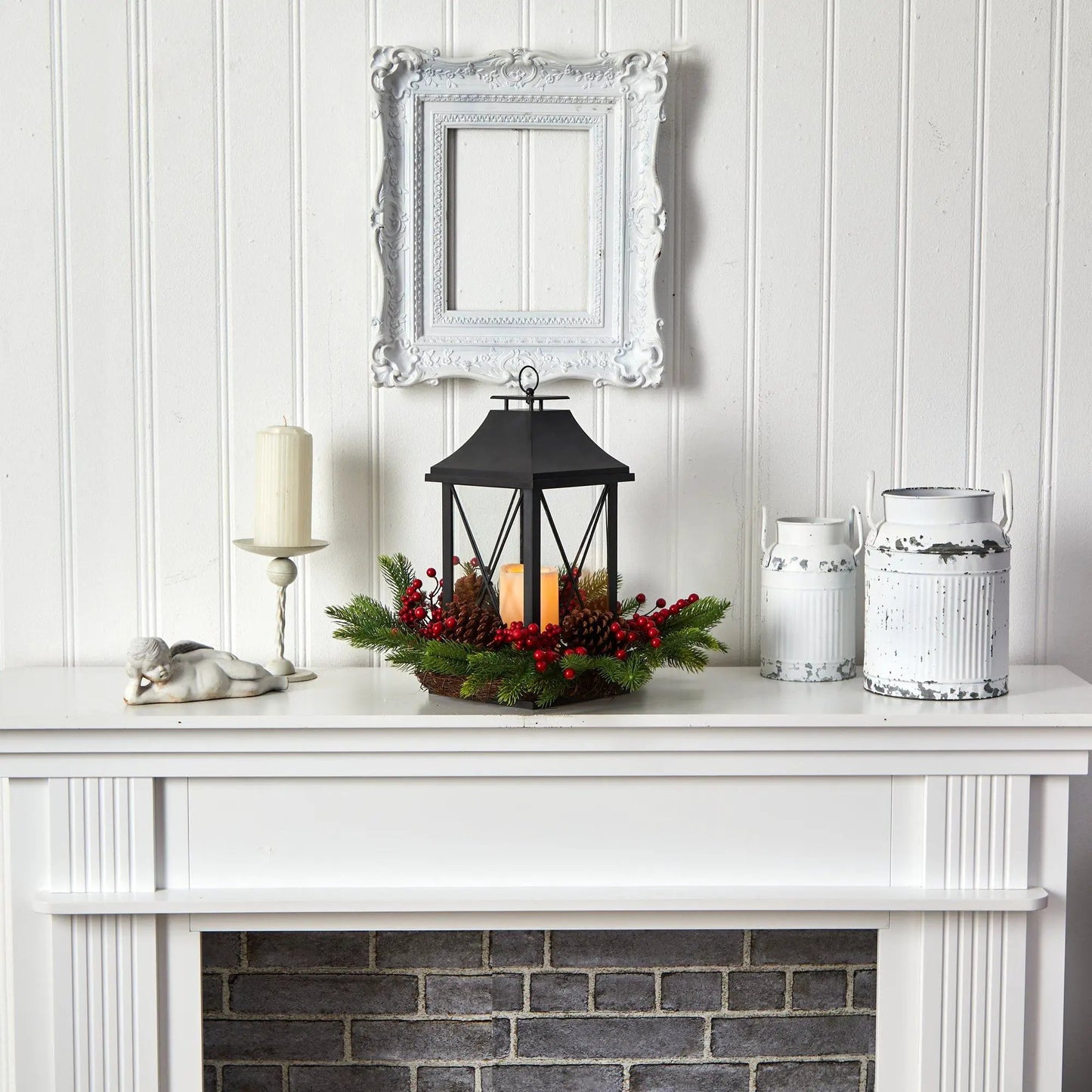 Sixteen Inch Holiday Lantern by Nearly Natural black lantern red berries and greens LED candles on Tampa Home & Garden Store