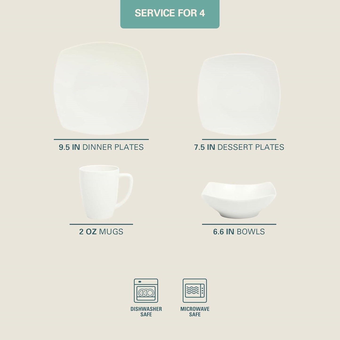 16 Pieces - White Square Porcelain Dinnerware Set - Service for 4 - Tampa Home & Garden Store