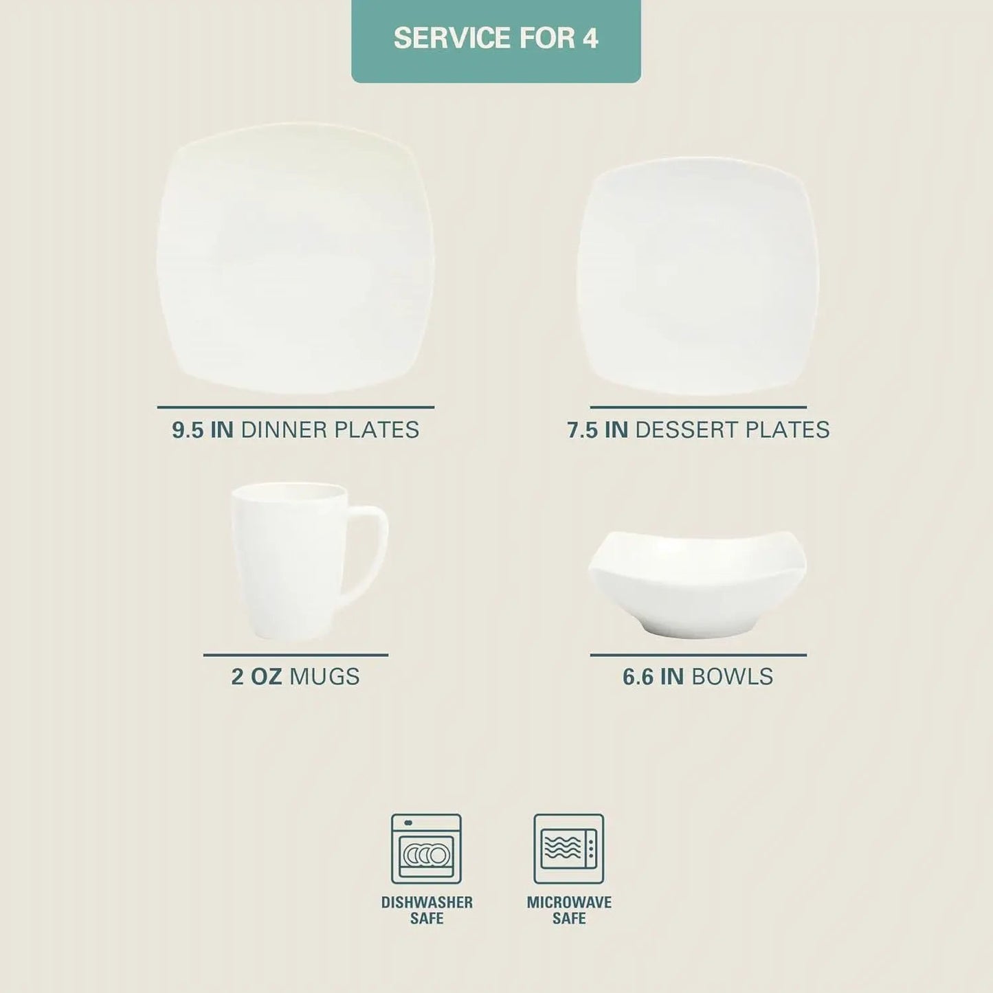 White porcelain dinnerware set for 4 by HomePacific; dishwasher and microwave safe on Tampa Home & Garden Store