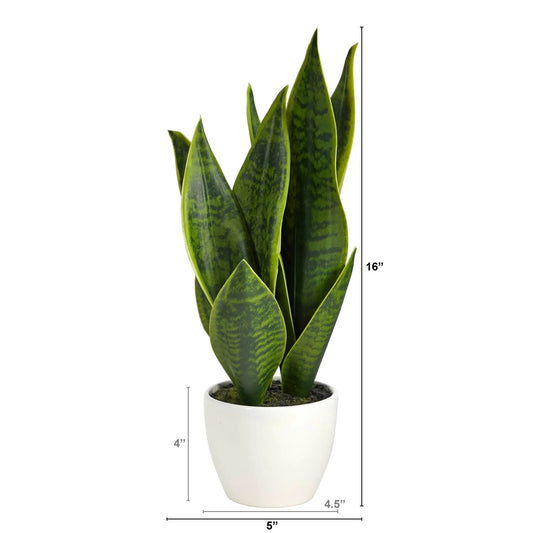 Sansevieria artificial plant 16-inch Nearly Natural with variegated green leaves in white pot on Tampa Home & Garden Store