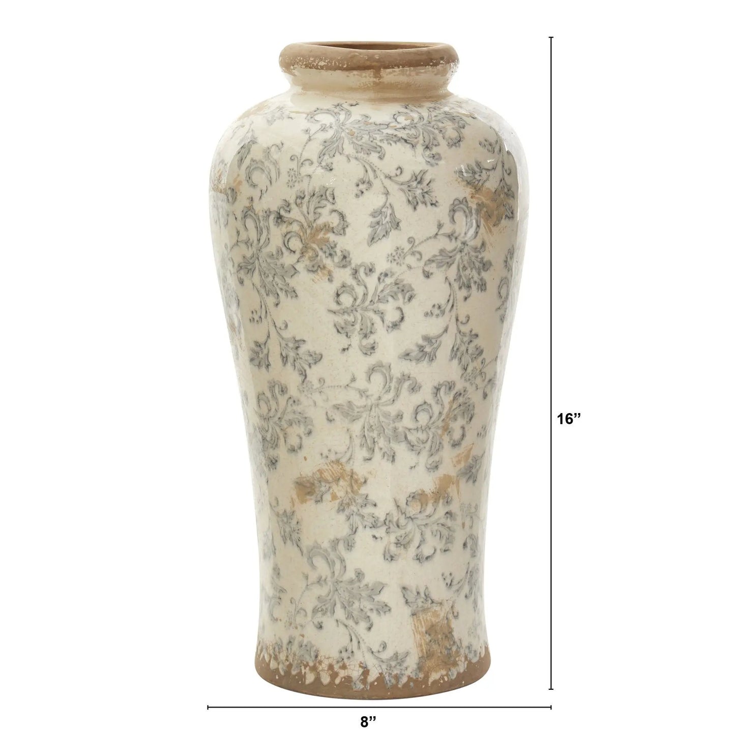 Tuscan ceramic floral scroll urn vase 16-inch cream with gray pattern and brown rim on Tampa Home & Garden Store