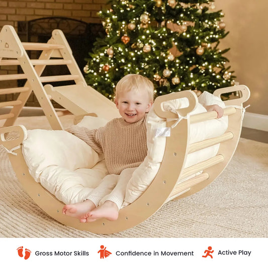Tiny Land Thick Padded Play Cushion for Climbing Sets, cream pad on wood curved frame on Tampa Home & Garden Store