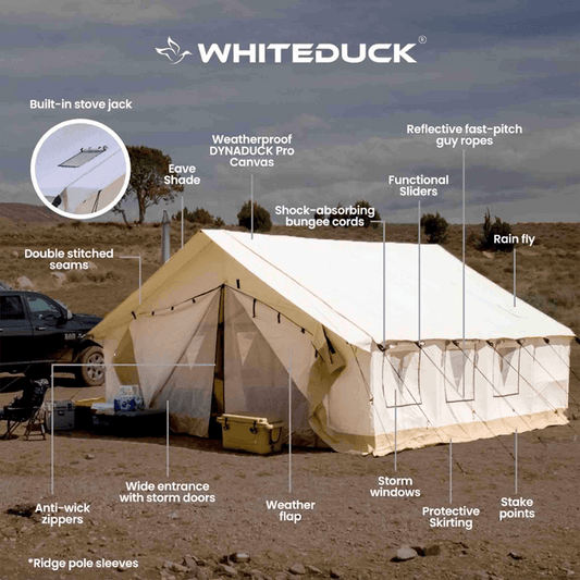 Alpha Pro Wall Tent 16x24 by White Duck Outdoors, beige canvas with built-in stove jack on Tampa Home & Garden Store
