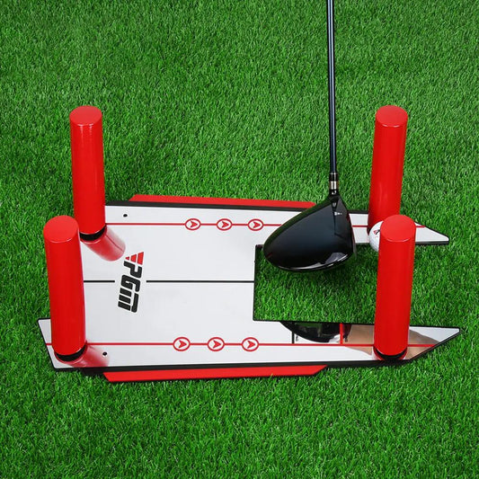 Golf Swing Mirror for Putter Practice Tool VIP; white base, red posts, black putter on turf on Tampa Home & Garden Store