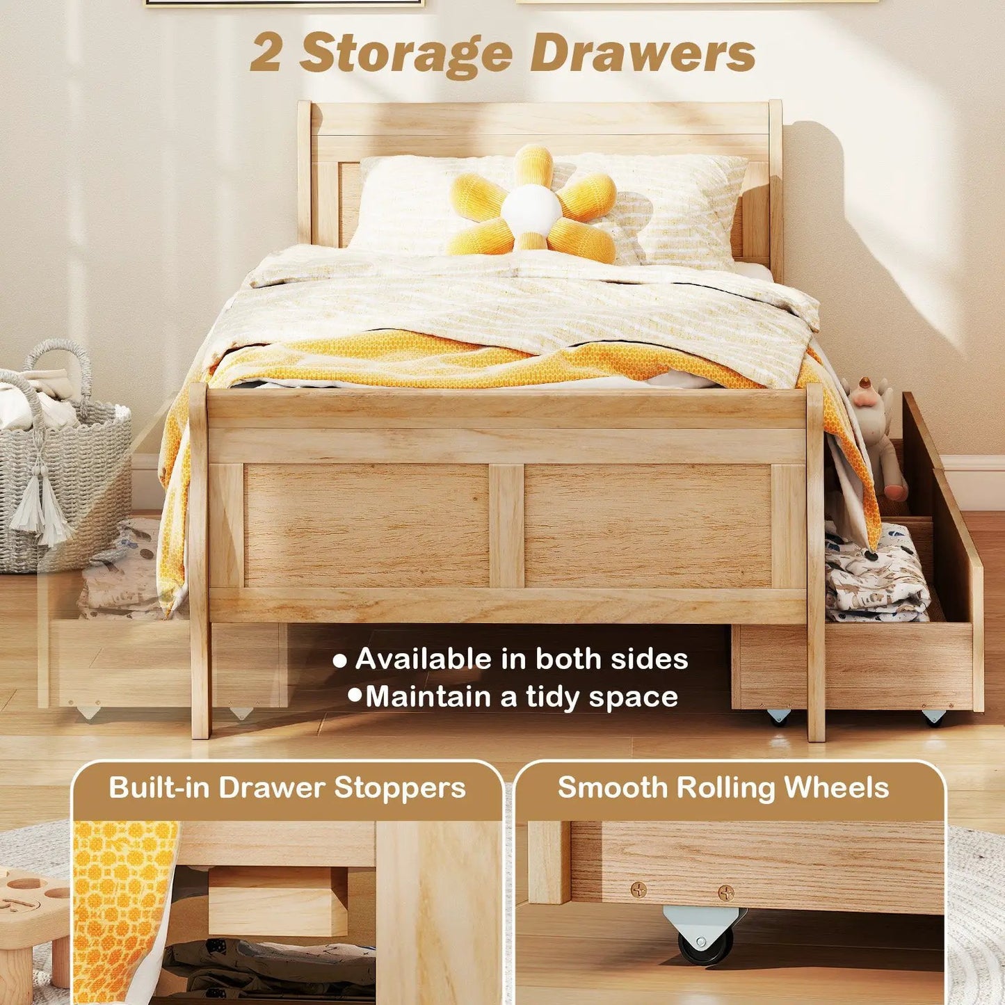 Twin Size Sleigh Bed with 2 Storage Drawers in finish, built-in storage, rolling wheels on Tampa Home & Garden Store