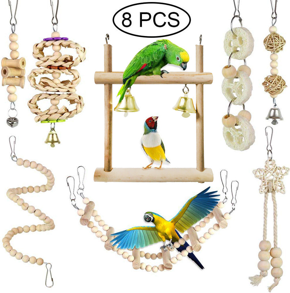 Parrot chewing toy log swing set, 8 pcs with wooden beads, ropes and bells on Tampa Home & Garden Store