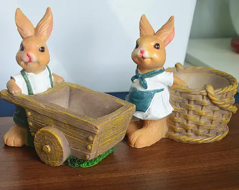 Succulent Plant Pot with Rabbit Resin Ornament - pair of tan rabbit figurines with wheelbarrow on Tampa Home & Garden Store