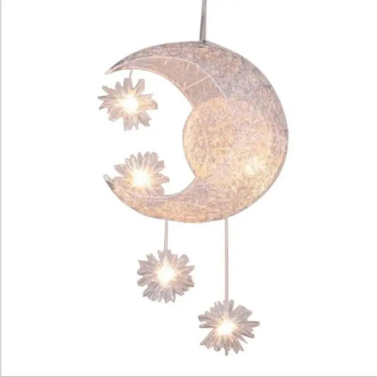 Aluminum Wire Star Moon Chandelier Decorbites, moon and star motif, warm bedroom lighting on Tampa Home & Garden Store