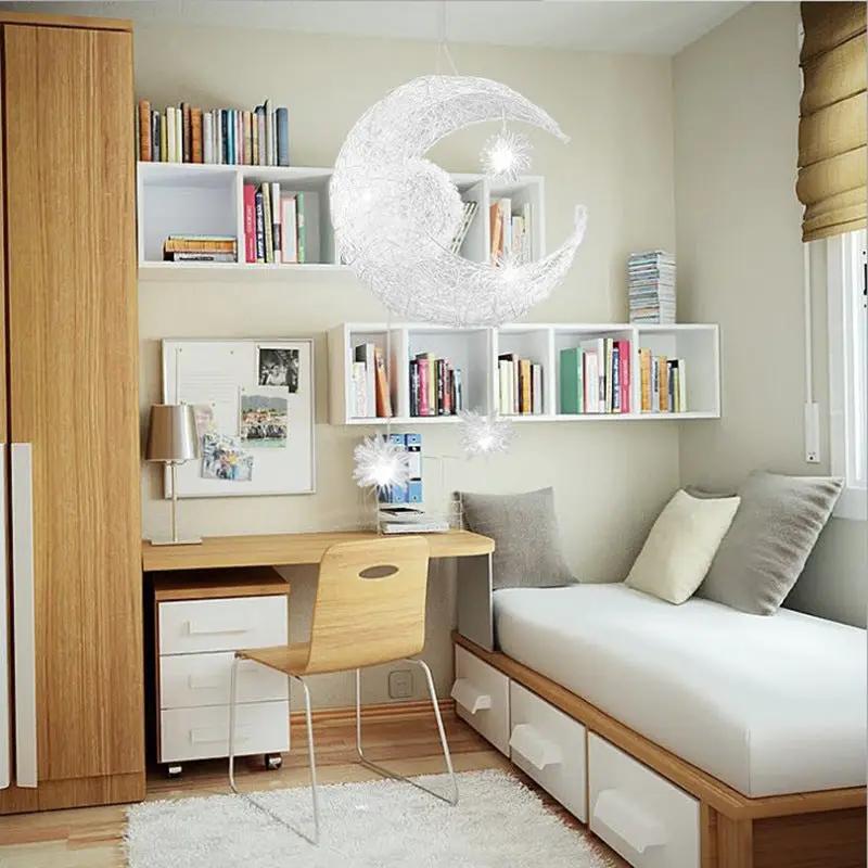 Decorbites aluminum wire star moon chandelier for bedroom with white crescent moon frame on Tampa Home & Garden Store