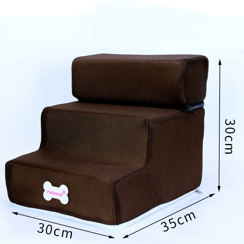 Brown cushioned three-step pet staircase with PetStbuy badge on front on Tampa Home & Garden Store