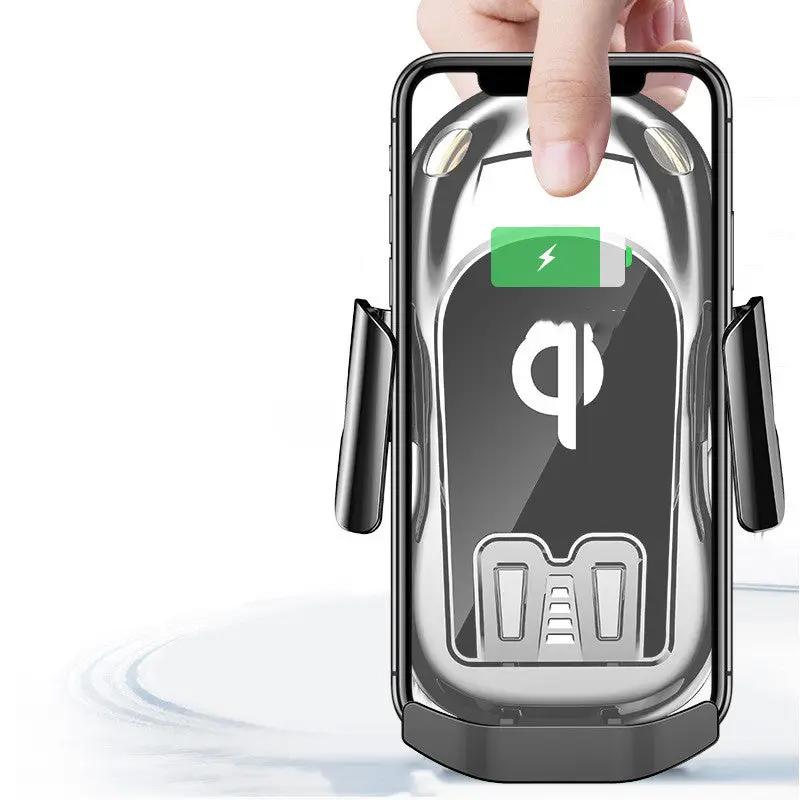 Car-shaped wireless charger phone holder in black/silver with side grip arms Qi charging on Tampa Home & Garden Store