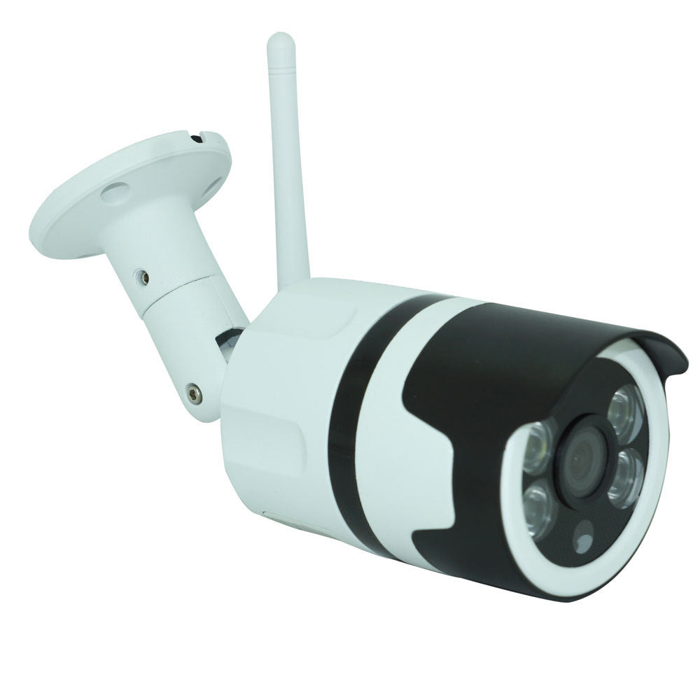 Outdoor wireless surveillance camera with white body, black front and antenna on Tampa Home & Garden Store