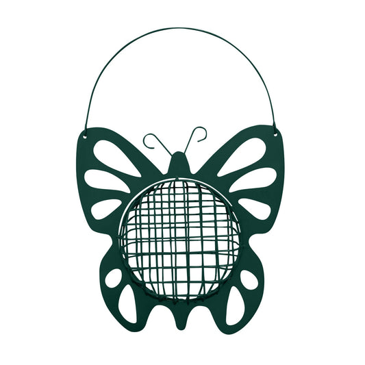 Outdoor metal butterfly-shaped hanging bird feeder with dark green mesh cage on Tampa Home & Garden Store