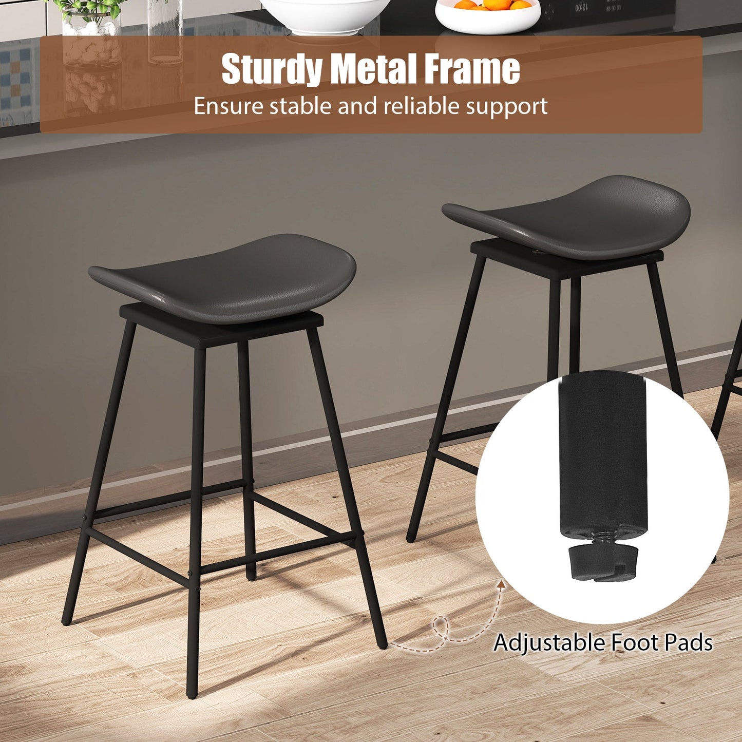 Two grey faux-leather swivel barstools with black metal frames and footrests on Tampa Home & Garden Store