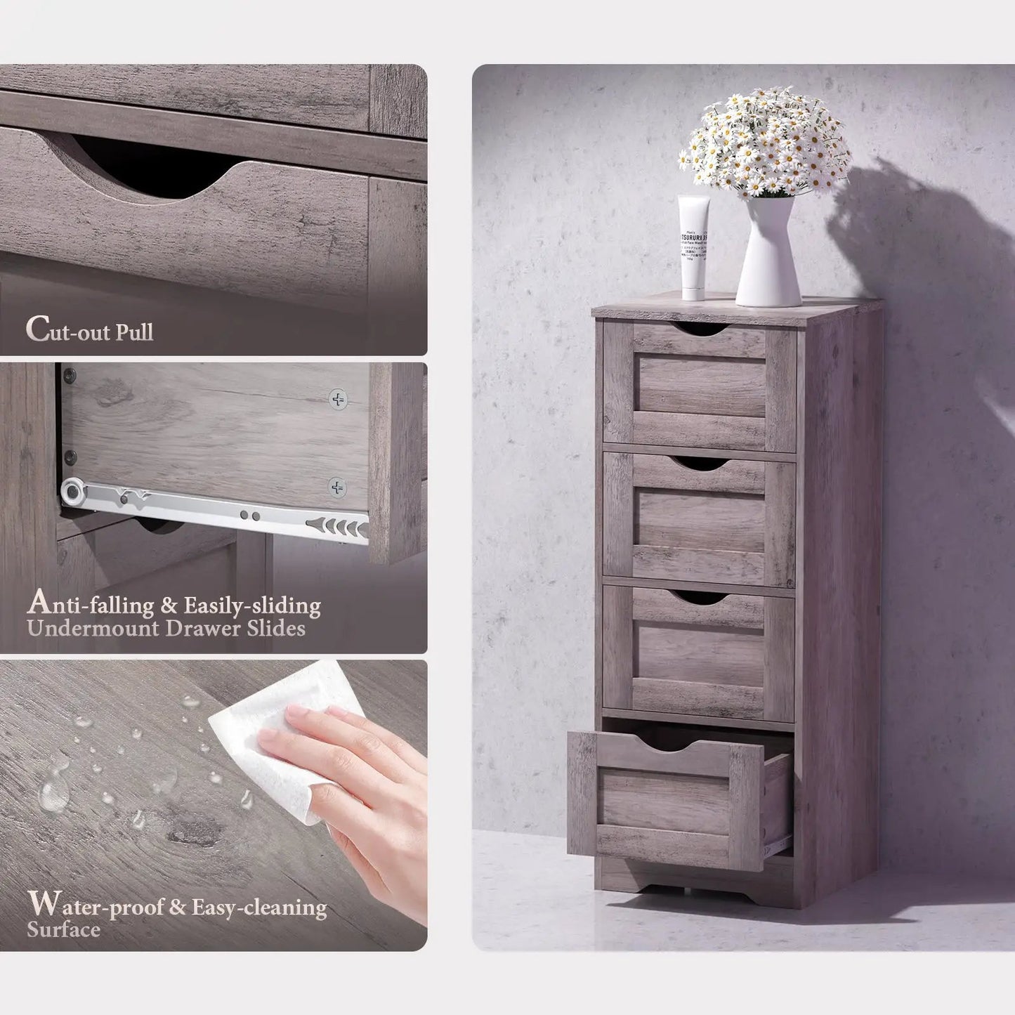 Grey wooden floor cabinet with four drawers and cut-out pulls, undermount drawer slides on Tampa Home & Garden Store