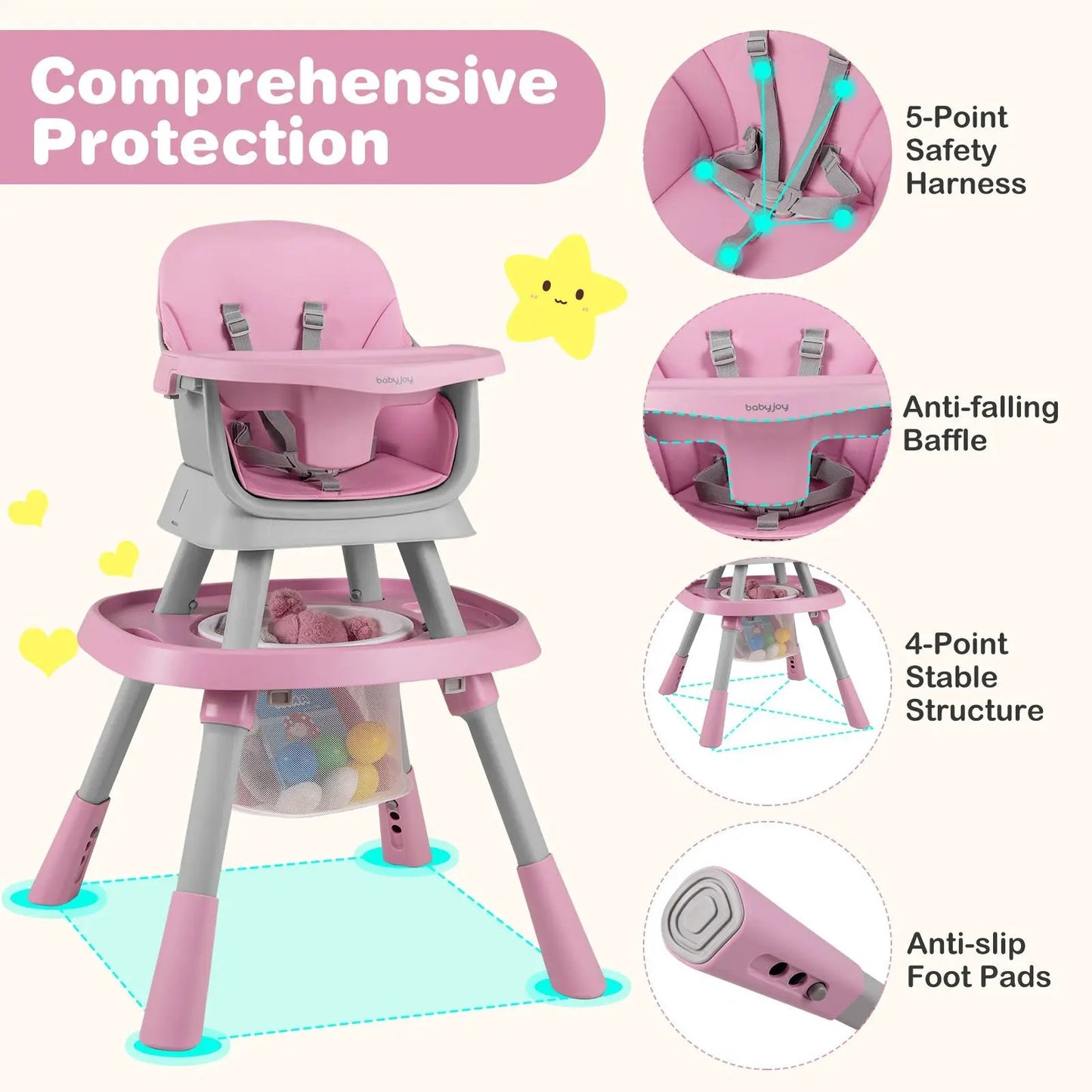 DirectDeals 16-in-1 pink baby high chair with booster seat and 5-point safety harness on Tampa Home & Garden Store