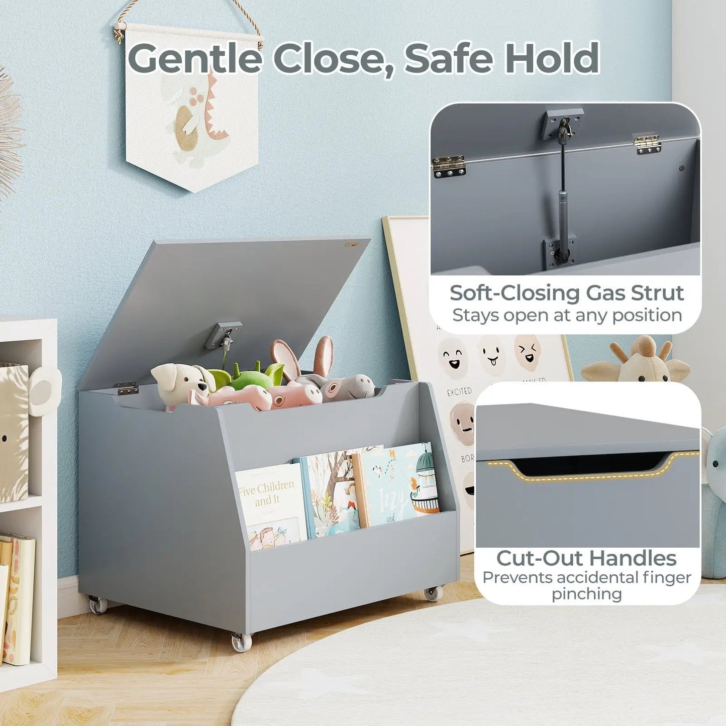Wooden Toy Storage Organizer in gray-blue with lockable wheels on Tampa Home & Garden Store
