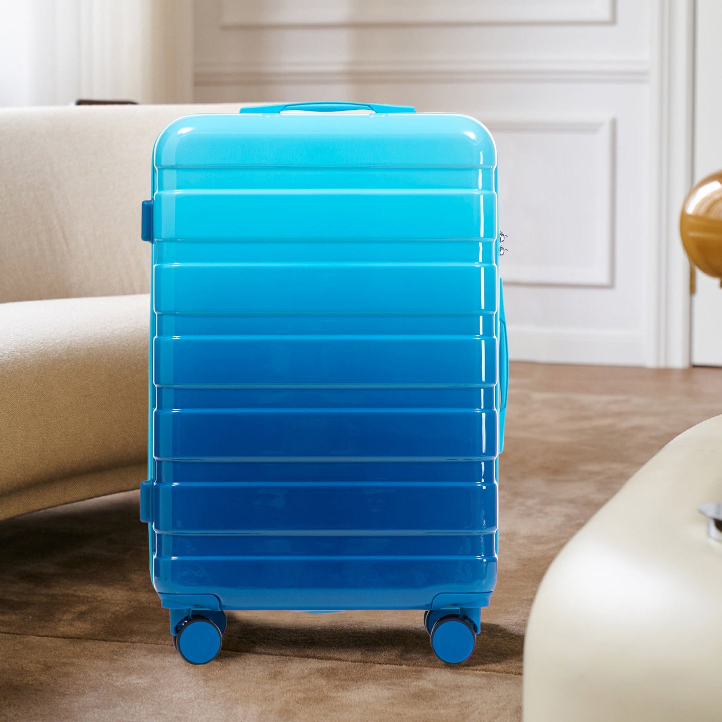 PC Spinner Wheel Luggage Set hard case in bright blue with top handle and spinner wheels on Tampa Home & Garden Store