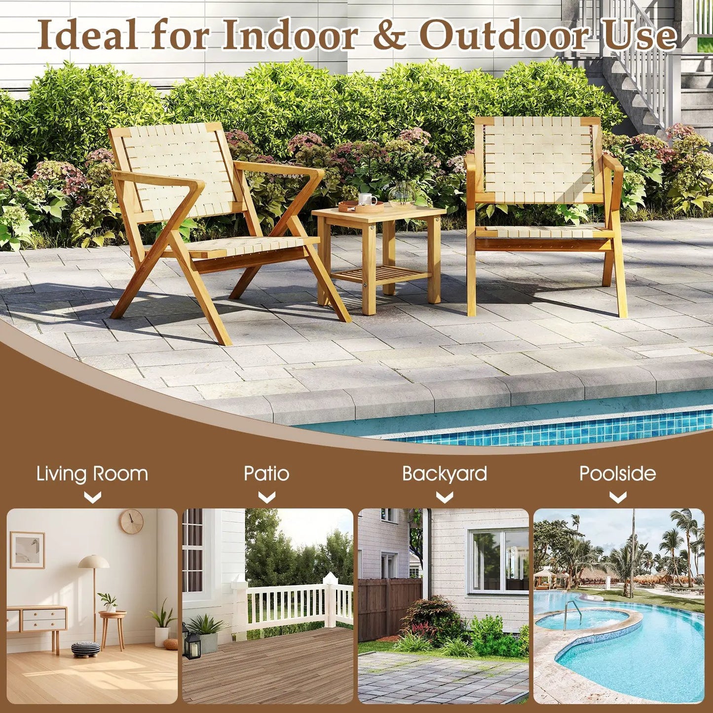 Two natural teak club chairs with woven webbing and a matching teak table beside a pool on Tampa Home & Garden Store