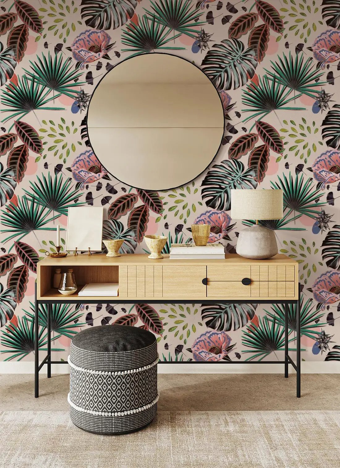 Floral Pop Wallpaper Peel and Stick tropical leaf and pink flower motif on wall on Tampa Home & Garden Store