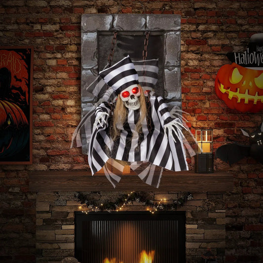 Animated 18-inch Halloween Hanging Skull Prisoner in black-and-white striped suit with red eyes on Tampa Home & Garden Store
